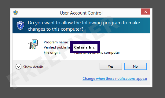 Screenshot where Celeris Inc appears as the verified publisher in the UAC dialog